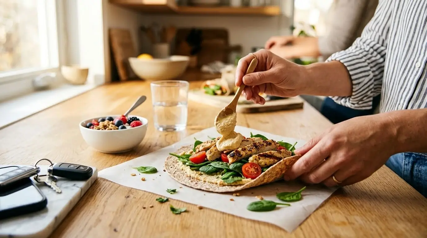 Person assembling a quick healthy meal — a whole-grain wrap with chicken, spinach, and hummus — on a busy morning