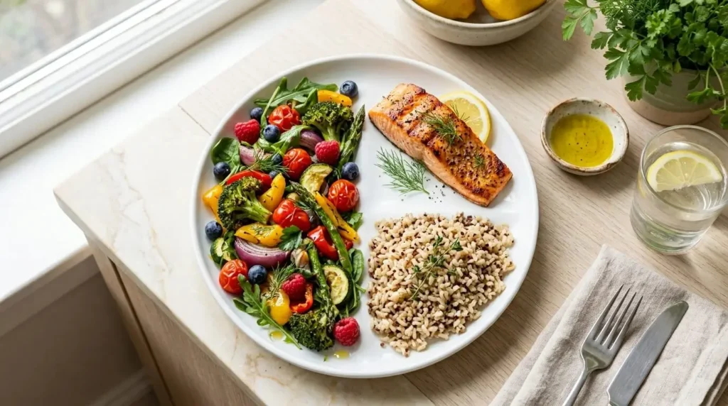 Balanced plate with half vegetables and fruit, a quarter grilled protein, and a quarter whole grains