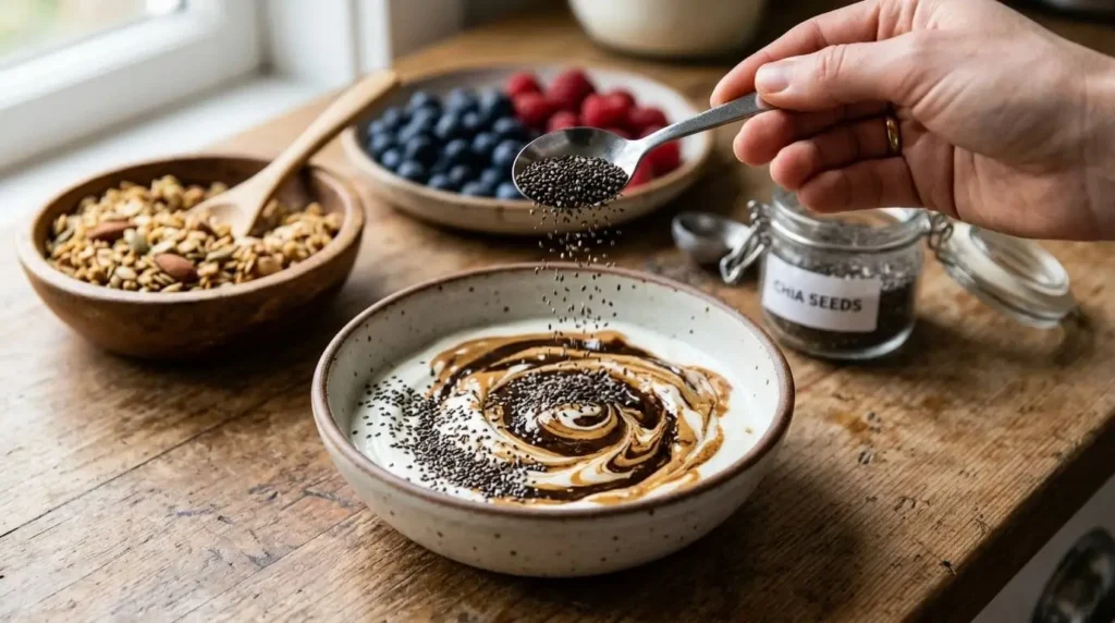 Sprinkling chia seeds over peanut butter and Greek yogurt for a high protein breakfast bowl