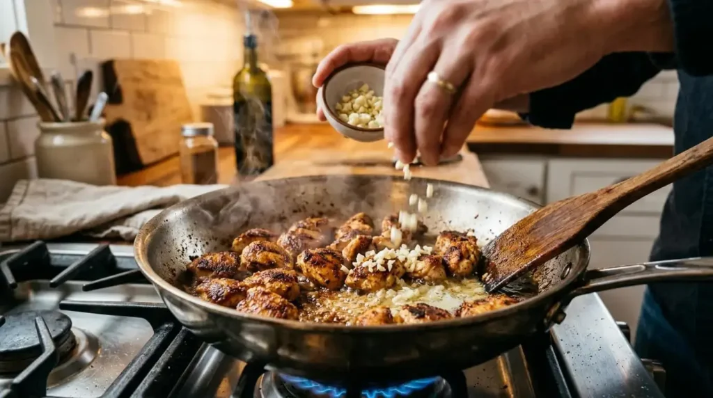 Chicken bites searing in a skillet as minced garlic and butter are added