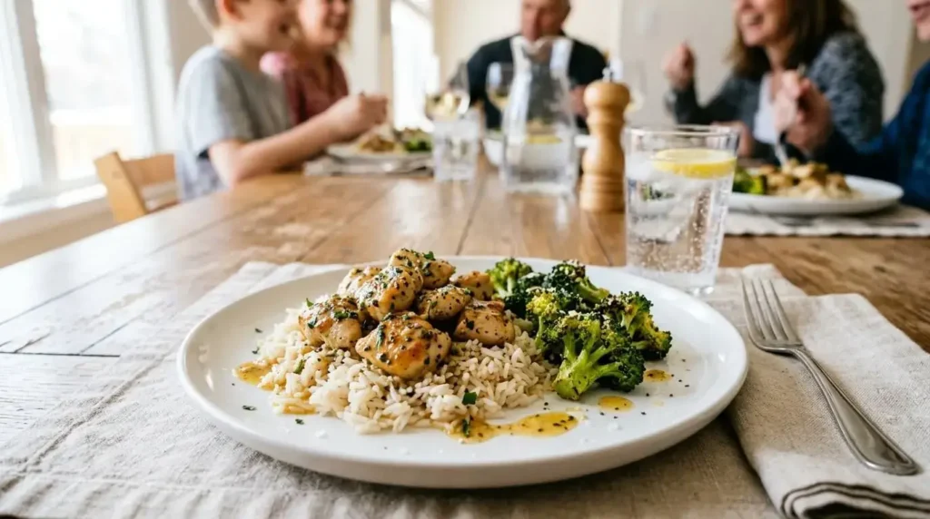 Garlic butter chicken bites served over rice with roasted broccoli on a white plate