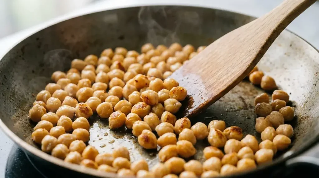 Pan-crisped chickpeas for vegan chickpea stir-fry before adding the sauce.