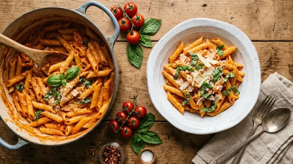 Bowl of one-pot creamy tomato pasta topped with basil and parmesan