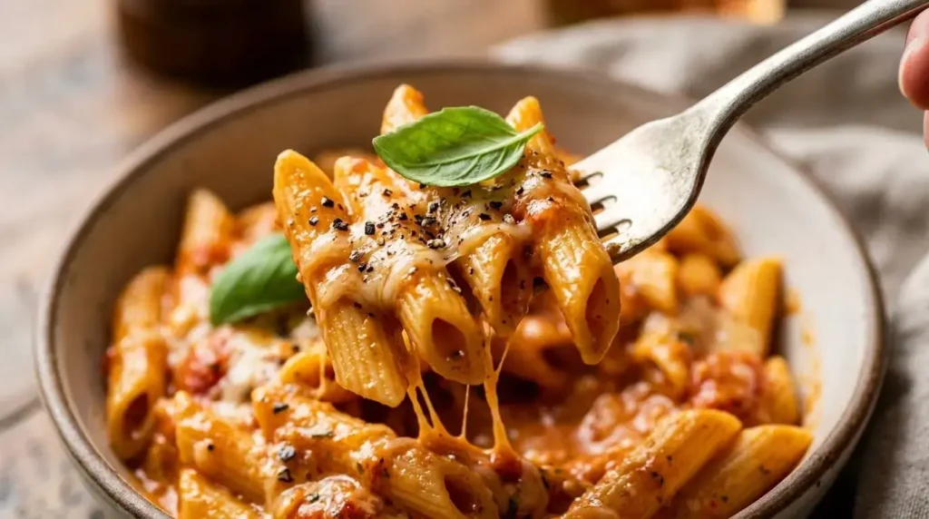 Close-up of creamy tomato pasta showing thick, glossy sauce