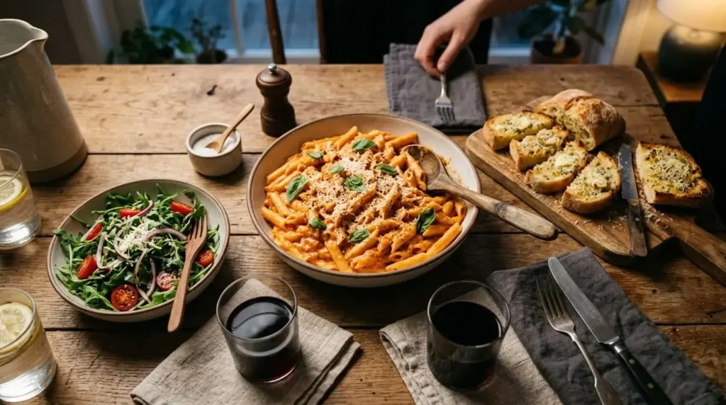 One-pot creamy tomato pasta served with salad and garlic bread