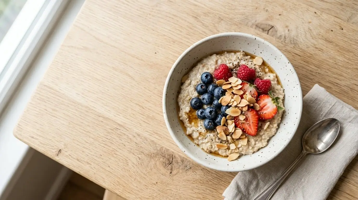 High protein breakfast bowl with Greek yogurt, berries, and granola