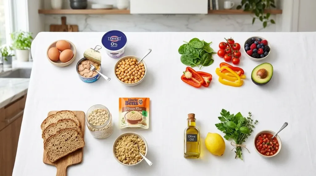 Flat lay of protein, produce, smart carbs, and flavor ingredients for building a quick healthy meal