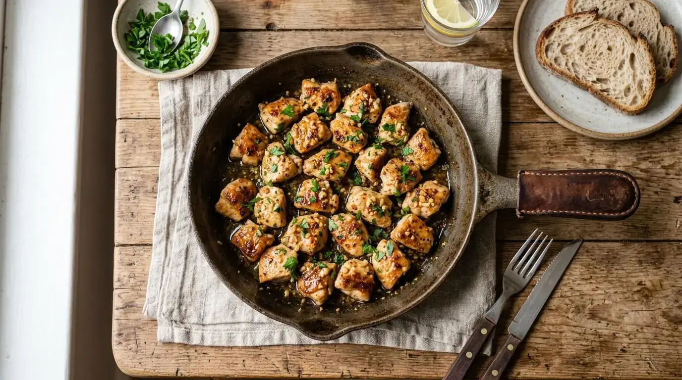 Golden garlic butter chicken bites in a cast iron skillet topped with fresh parsley