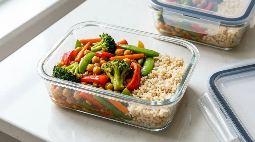 Meal-prep container filled with vegan chickpea stir-fry and rice.