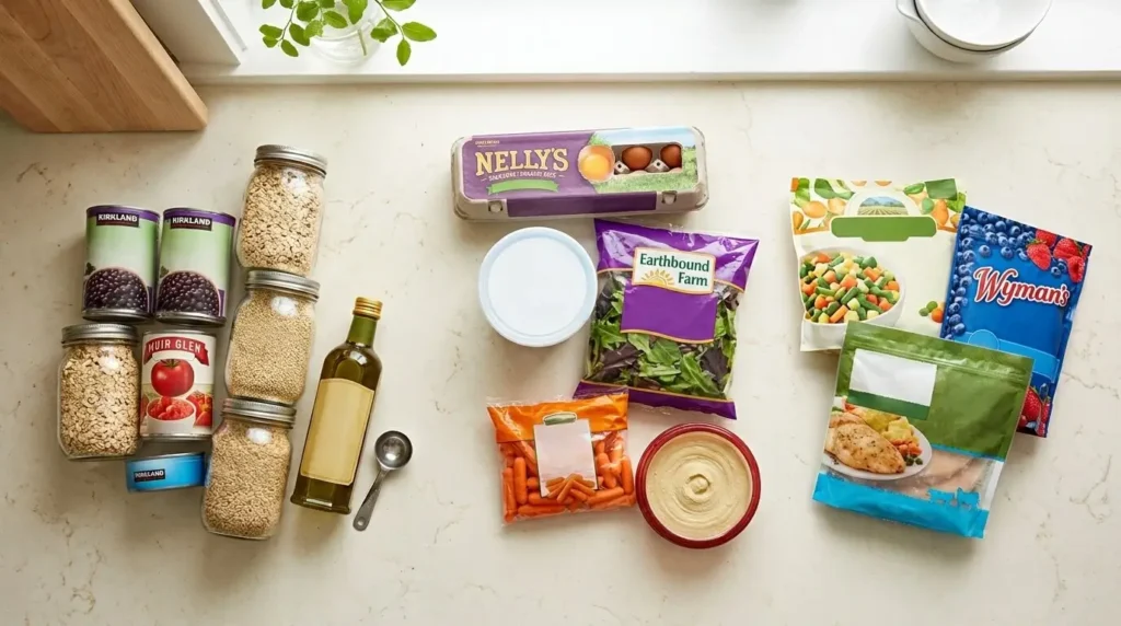 Healthy pantry, fridge, and freezer staples for quick meals grouped on a kitchen counter