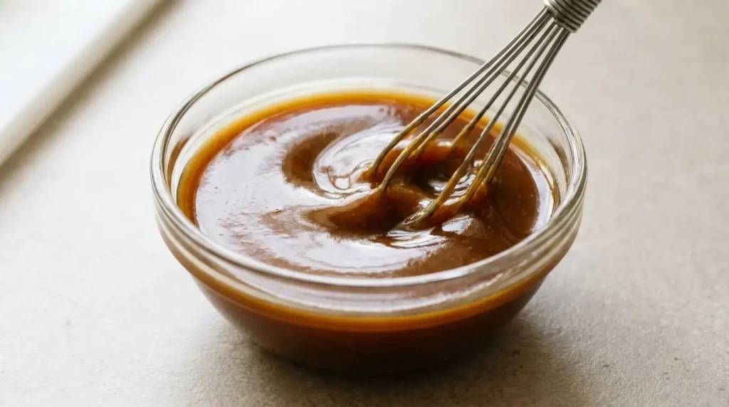 Homemade vegan stir-fry sauce whisked until smooth for chickpea stir-fry.
