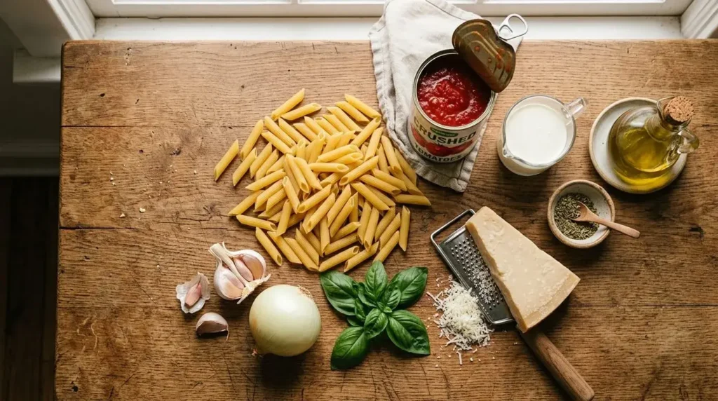 Ingredients for creamy tomato pasta laid out on a counter