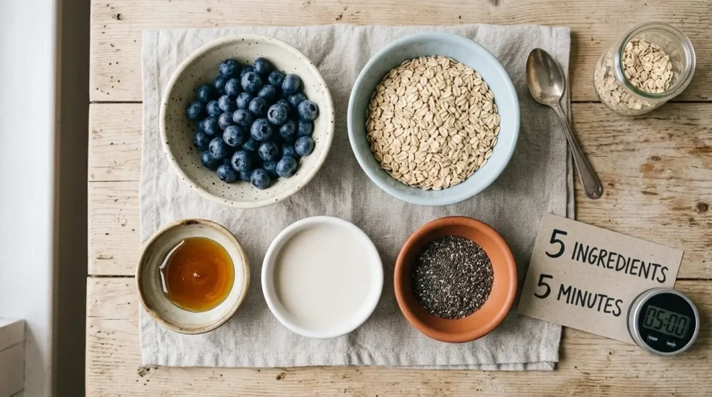 Ingredients for a high protein breakfast bowl measured in small bowls