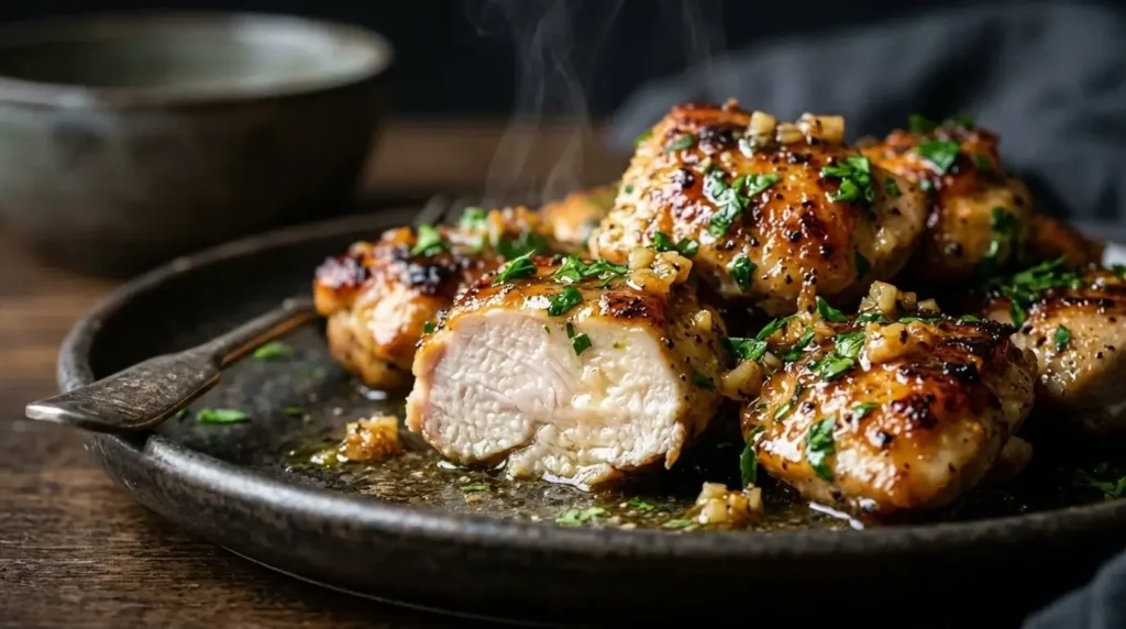 Close-up of juicy garlic butter chicken bites with golden seared edges and parsley