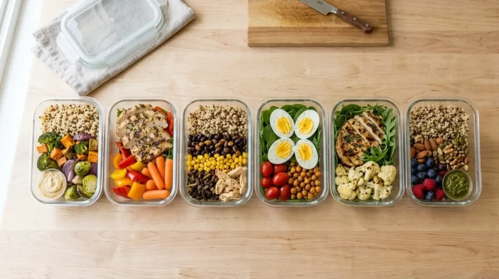 Glass meal-prep containers with roasted vegetables, quinoa, grilled chicken, eggs, and fruit