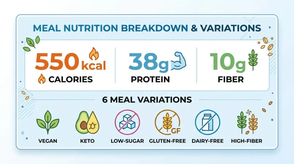 Nutrition infographic for a high protein breakfast bowl: 550 calories, 38g protein