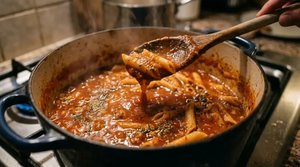 Creamy tomato pasta sauce simmering and thickening in a pot