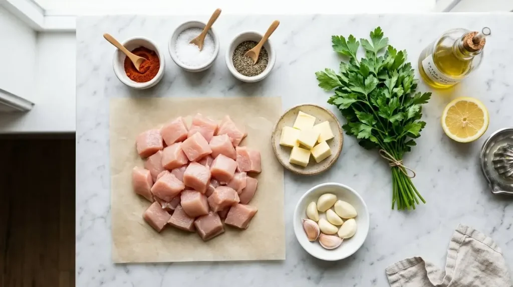 Ingredients for garlic butter chicken bites including cubed chicken, butter, garlic, paprika and parsley
