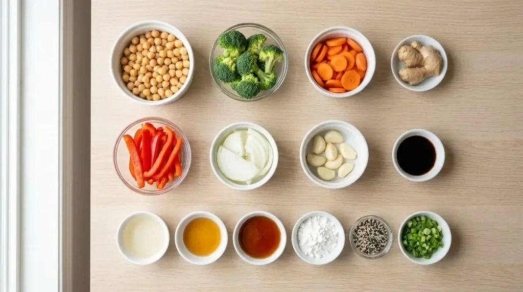 Ingredients needed to make vegan chickpea stir-fry, including chickpeas and fresh vegetables.