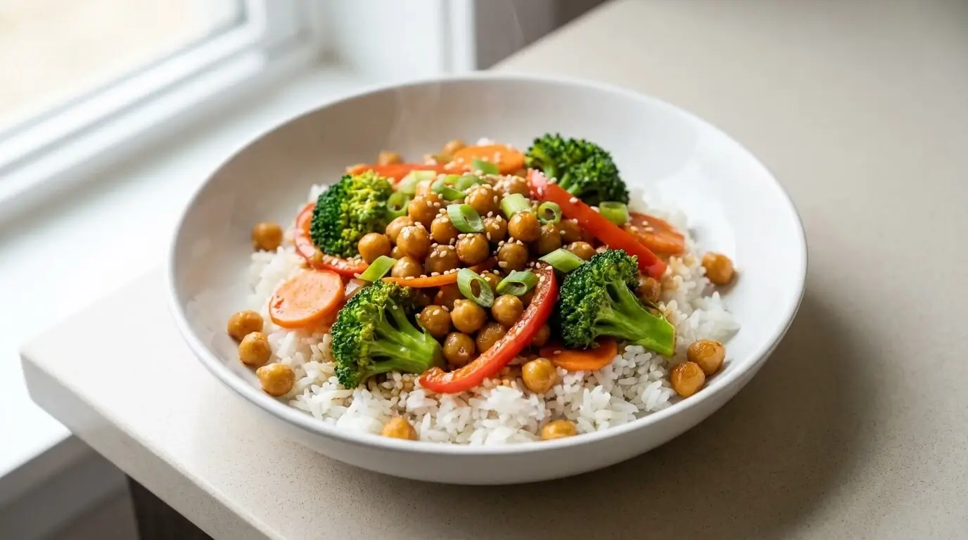 Easy vegan chickpea stir-fry served with rice and colorful vegetables.