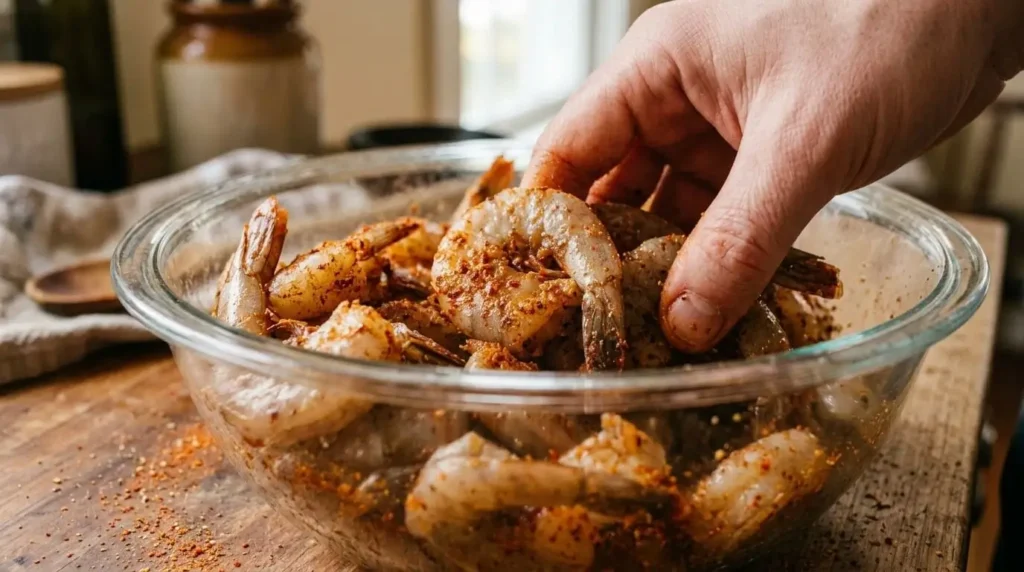 Raw shrimp being coated in spice seasoning in a mixing bowl