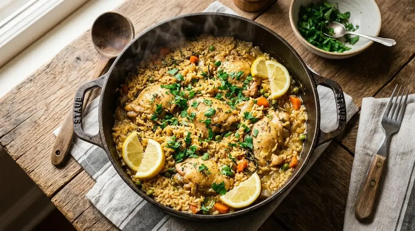 One pot chicken and rice served in a Dutch oven with fresh parsley and lemon