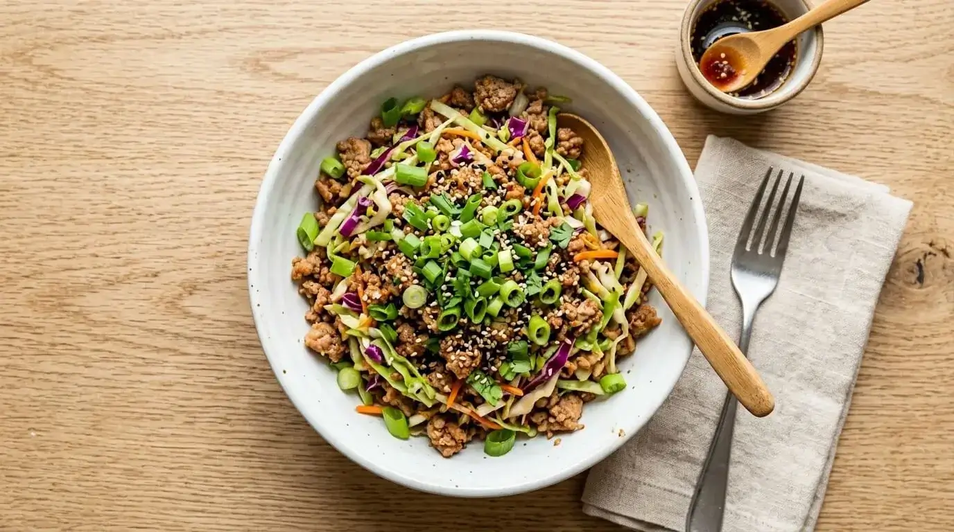 Egg roll in a bowl served with green onions and sesame seeds
