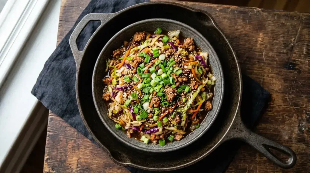 Finished egg roll in a bowl in skillet before serving