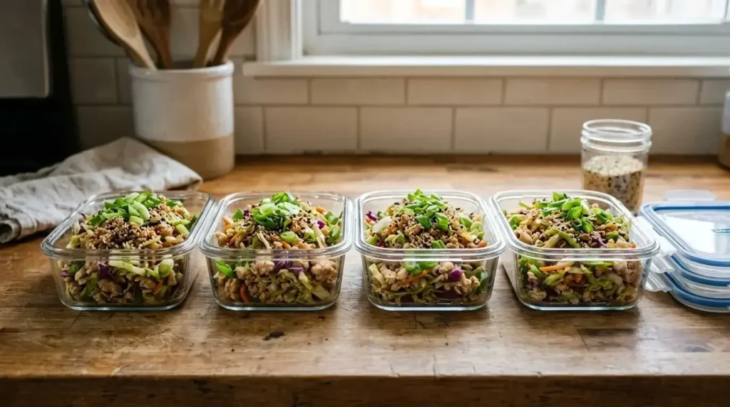 Egg roll in a bowl meal prep containers
