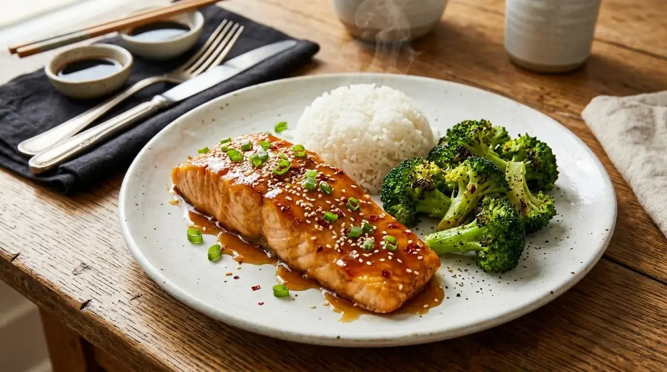 15 minute honey garlic salmon served with rice