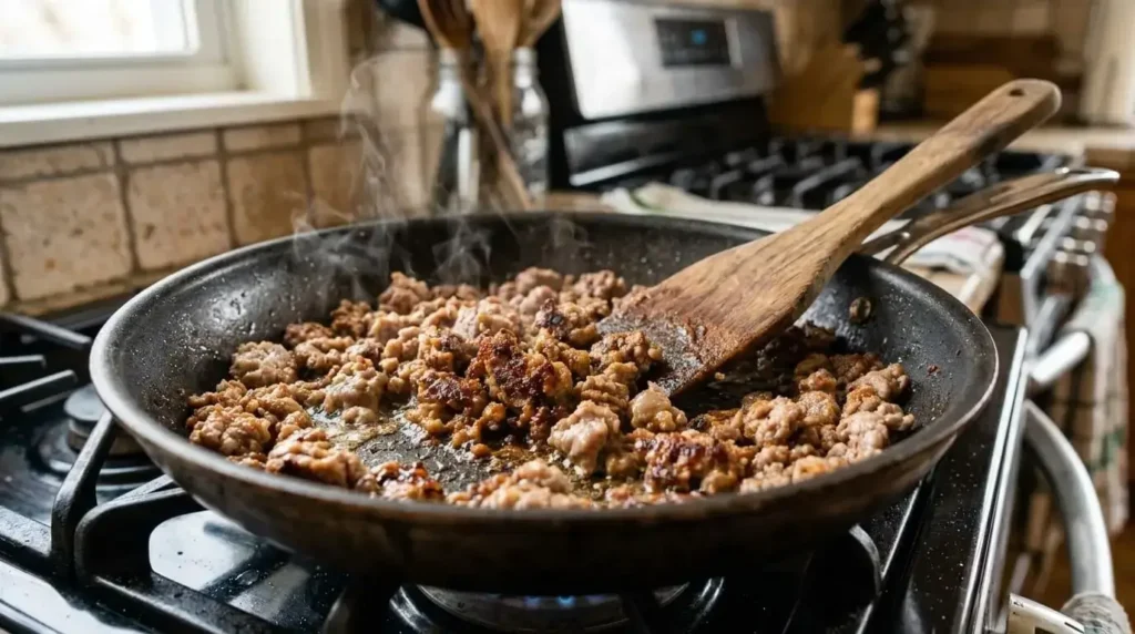 Ground pork browning in skillet for egg roll in a bowl