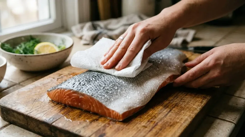 Patting salmon dry before cooking