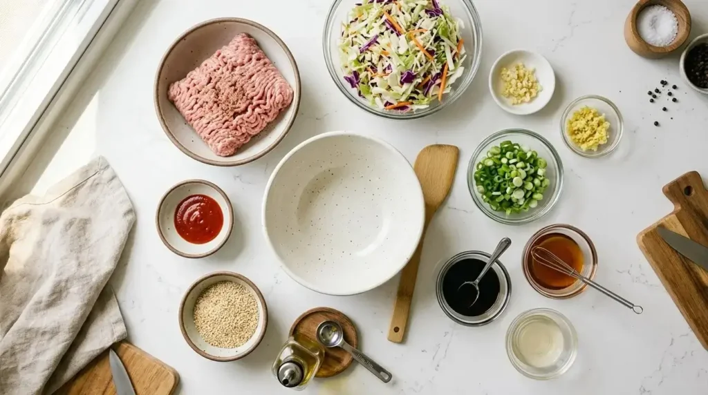 Ingredients for egg roll in a bowl with coleslaw mix