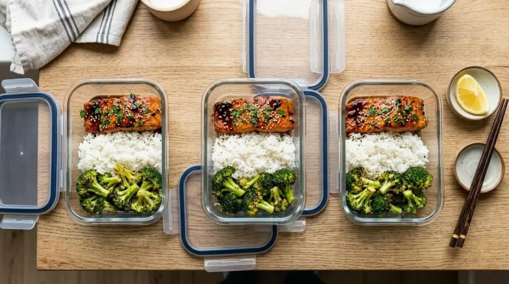 Meal prep containers with honey garlic salmon