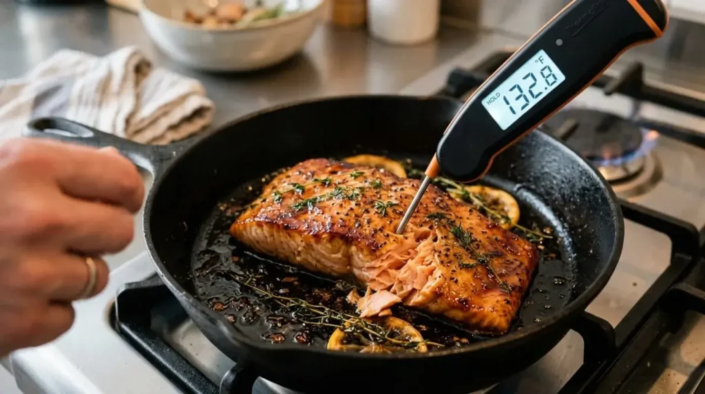 Checking salmon temperature with thermometer