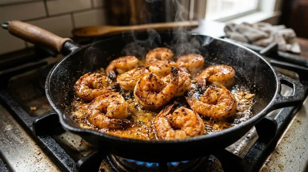 Seasoned shrimp searing in a hot skillet