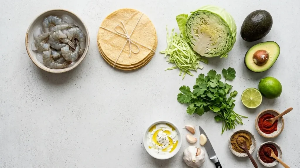 Flat lay of raw shrimp, tortillas, cabbage, and taco toppings on a counter