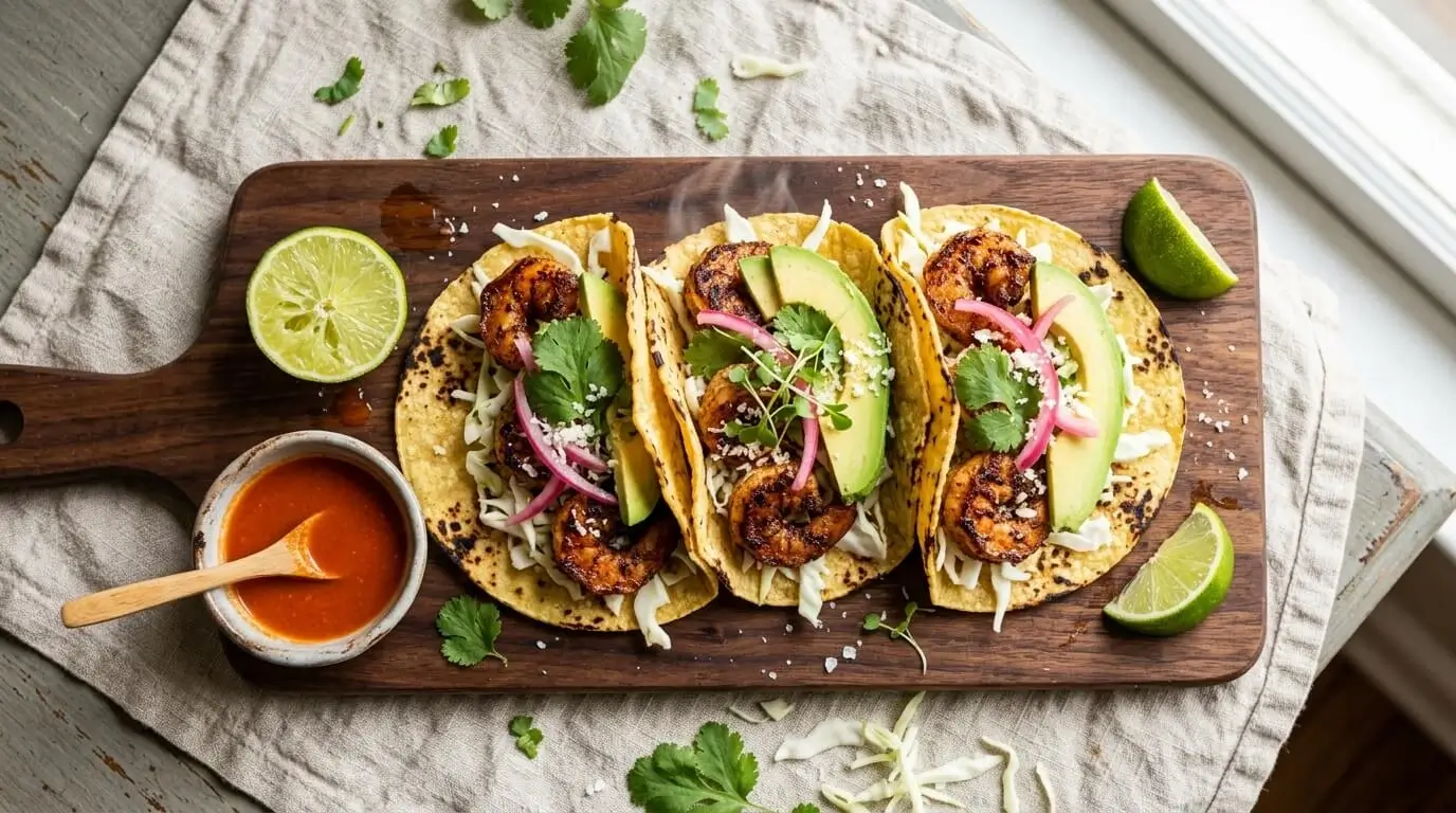 Overhead shot of gluten free shrimp tacos topped with slaw and avocado on a wood board