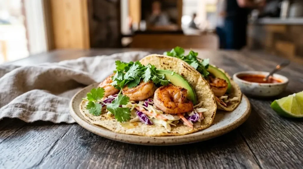 Assembled gluten free shrimp tacos on a plate with lime wedges