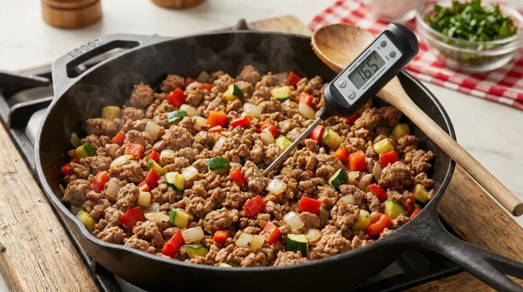 Ground turkey skillet cooked to 165Β°F