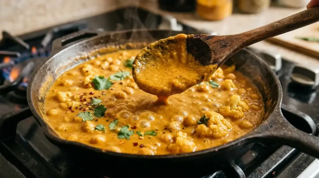 Coconut curry sauce simmering with chickpeas and vegetables