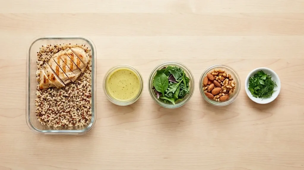 Meal prep ingredients stored separately to prevent sogginess