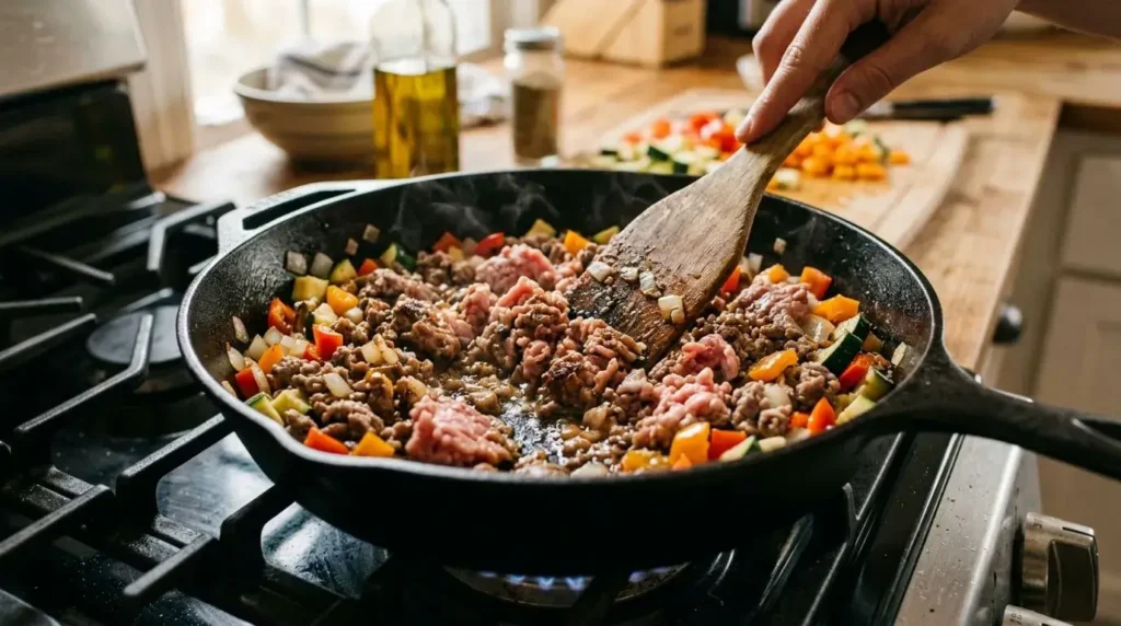 Vegetable cut size for a quick ground turkey skillet