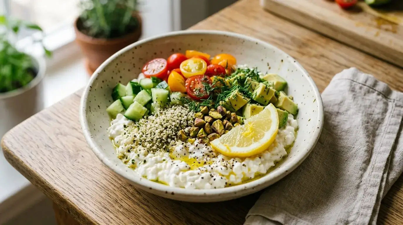 5-minute cottage cheese bowl with vegetables, avocado, hemp hearts, and pistachios
