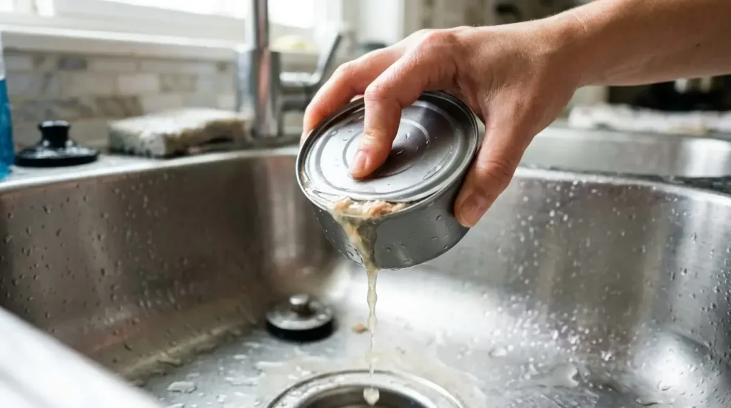Hands pressing tuna can lid to drain liquid over a sink