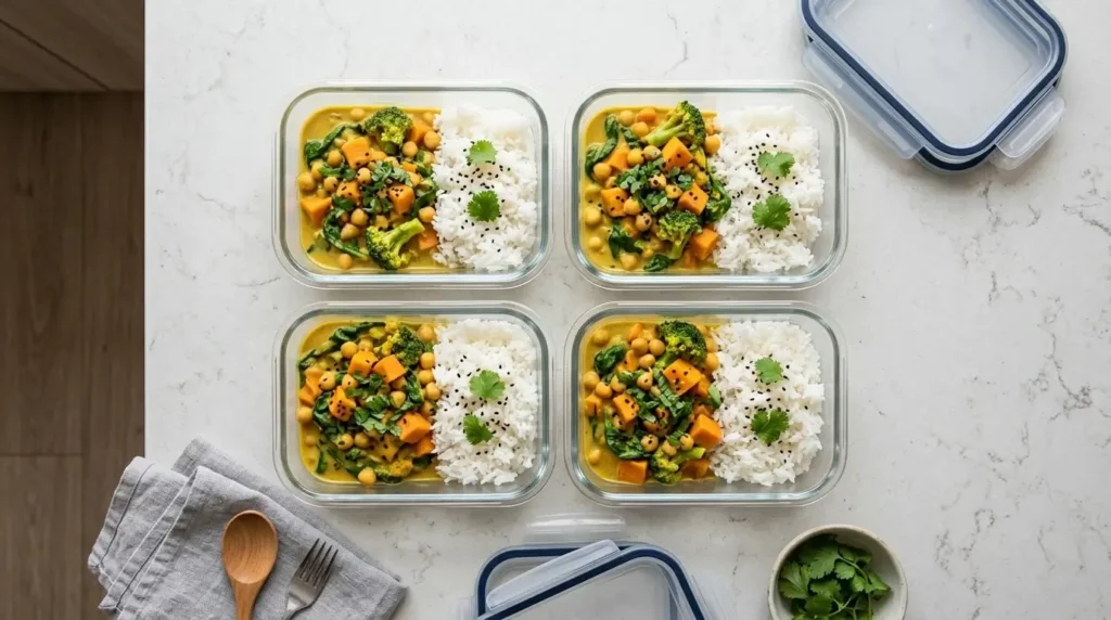 Vegan coconut curry portioned into meal-prep containers