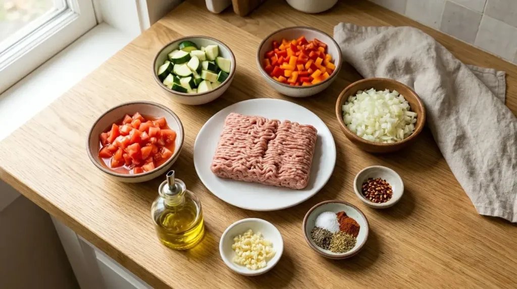 Ingredients for a ground turkey skillet with vegetables