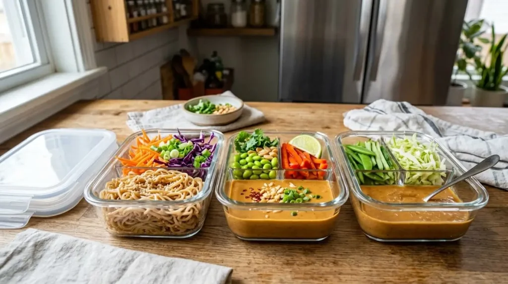 Vegan peanut noodles meal prep with sauce, noodles, vegetables and edamame