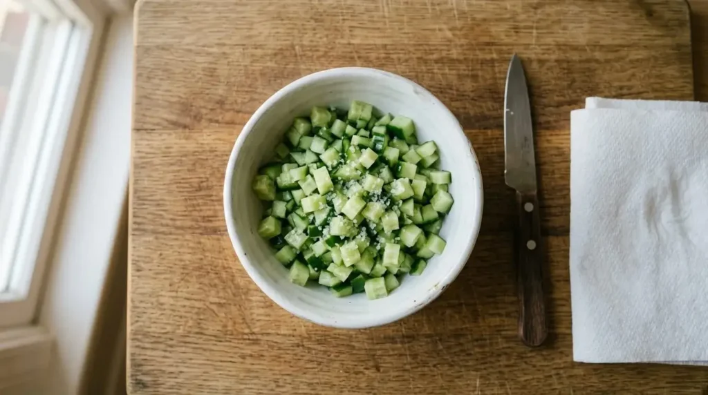 Salted diced cucumber draining on a paper towel