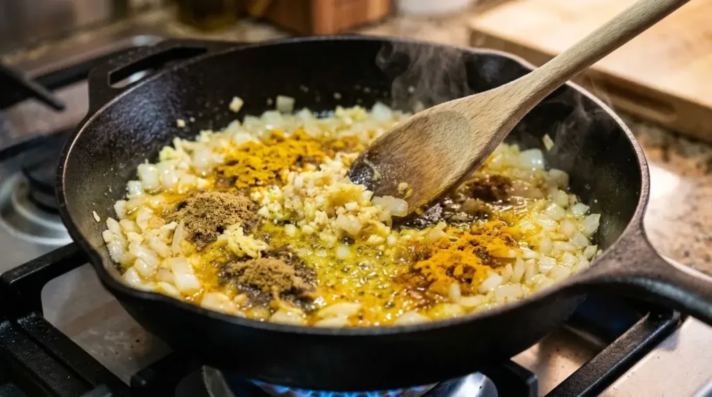Curry spices blooming in oil in a skillet